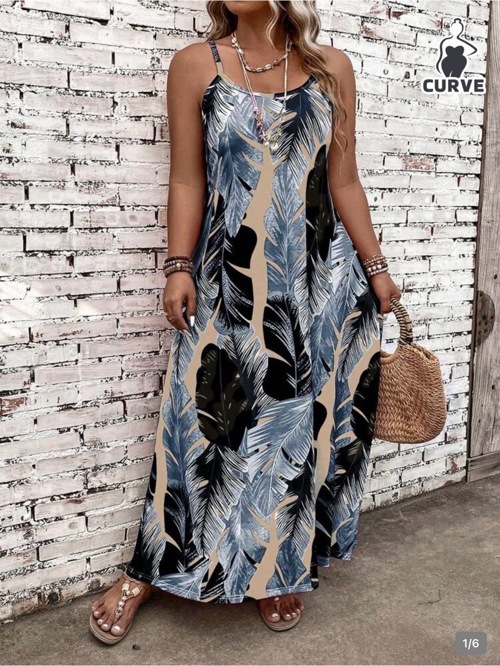 Curve Tropical Leaf Maxi Dress in Blue and Beige